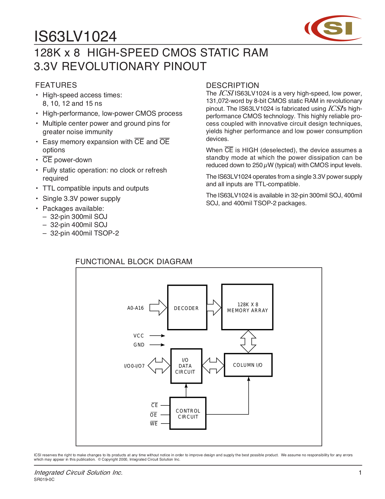 ICSI IS63LV1024-12JI, IS63LV1024-12J, IS63LV1024-10TI, IS63LV1024-10T, IS63LV1024-15J Datasheet