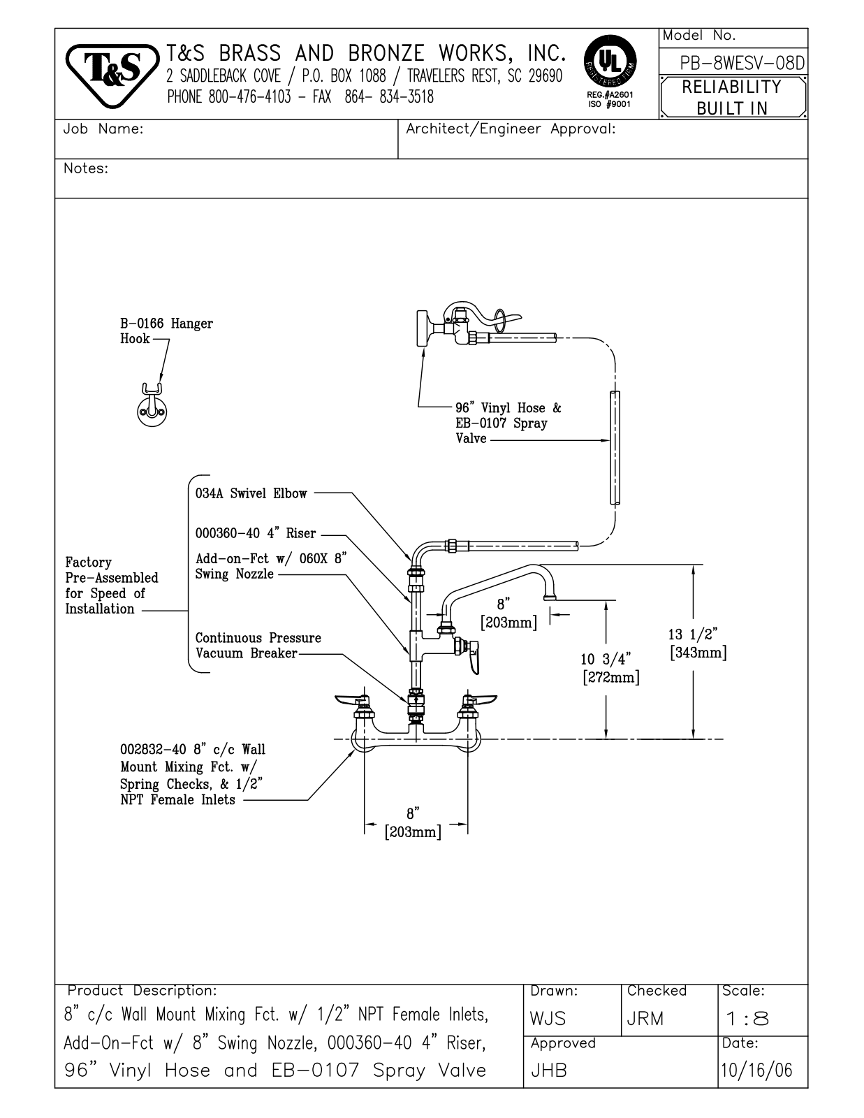 T&S Brass PB-8WESV-08D User Manual