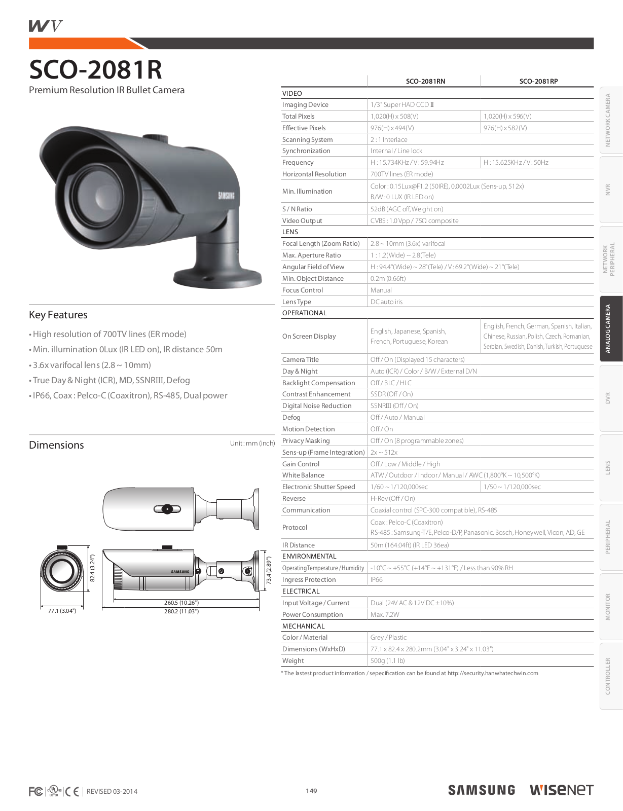 Samsung SCO-2081R Specsheet