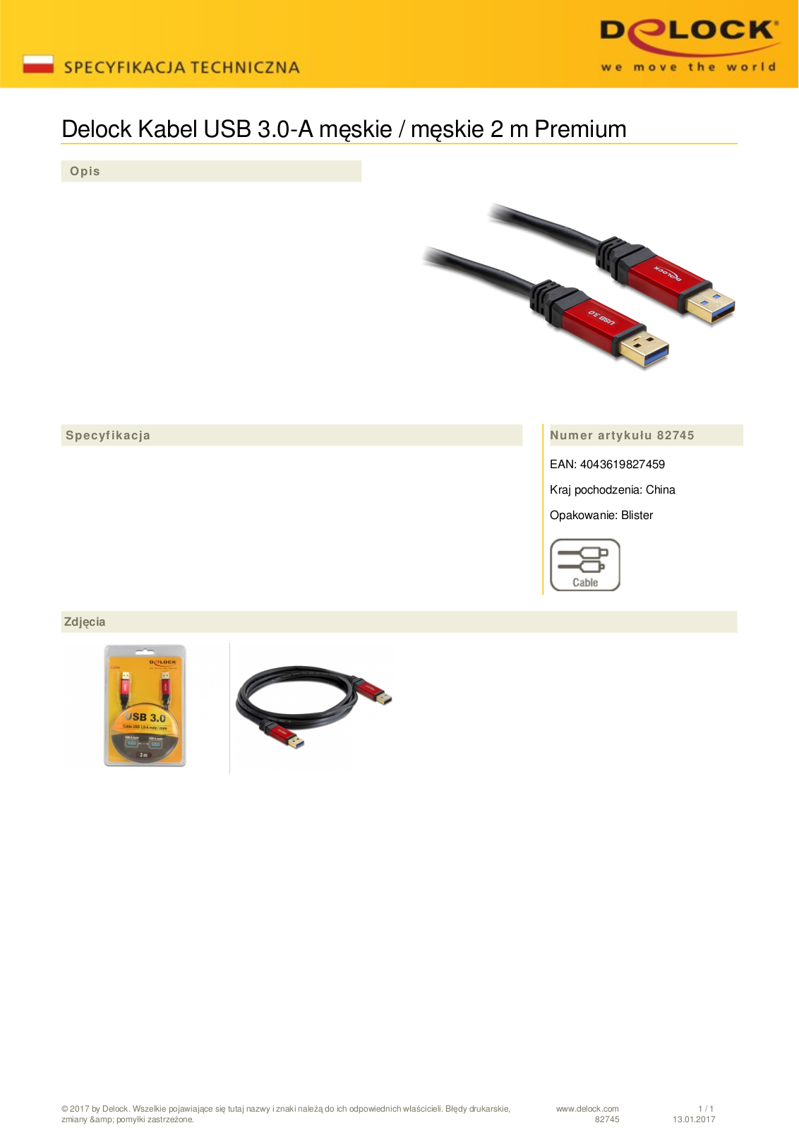 DeLOCK Premium USB-A 3.0 to USB-A 3.0 cable, 2m User Manual