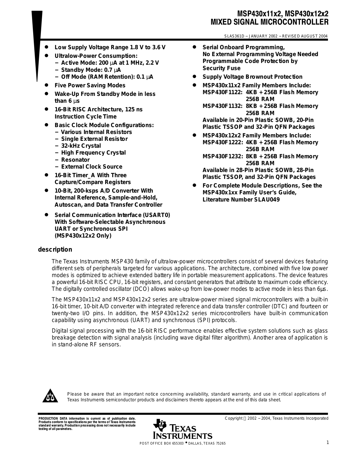 TEXAS INSTRUMENTS MSP430x11x2 Technical data