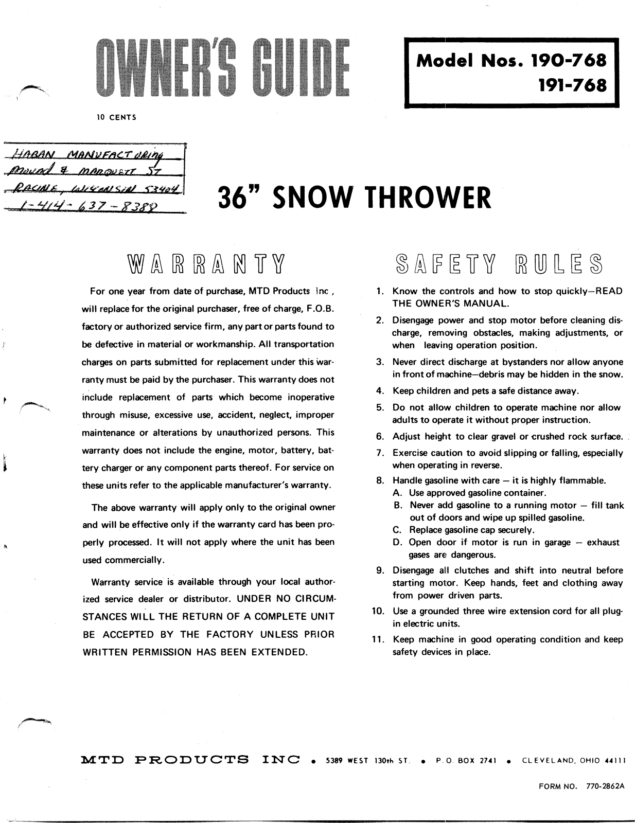 MTD 191-768, 190-768 User Manual