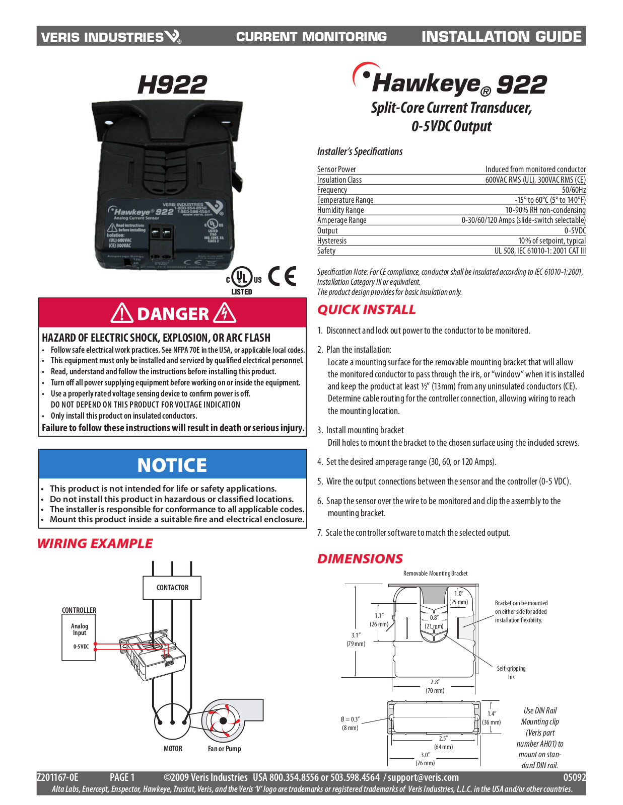 Veris H922 Installation Instructions