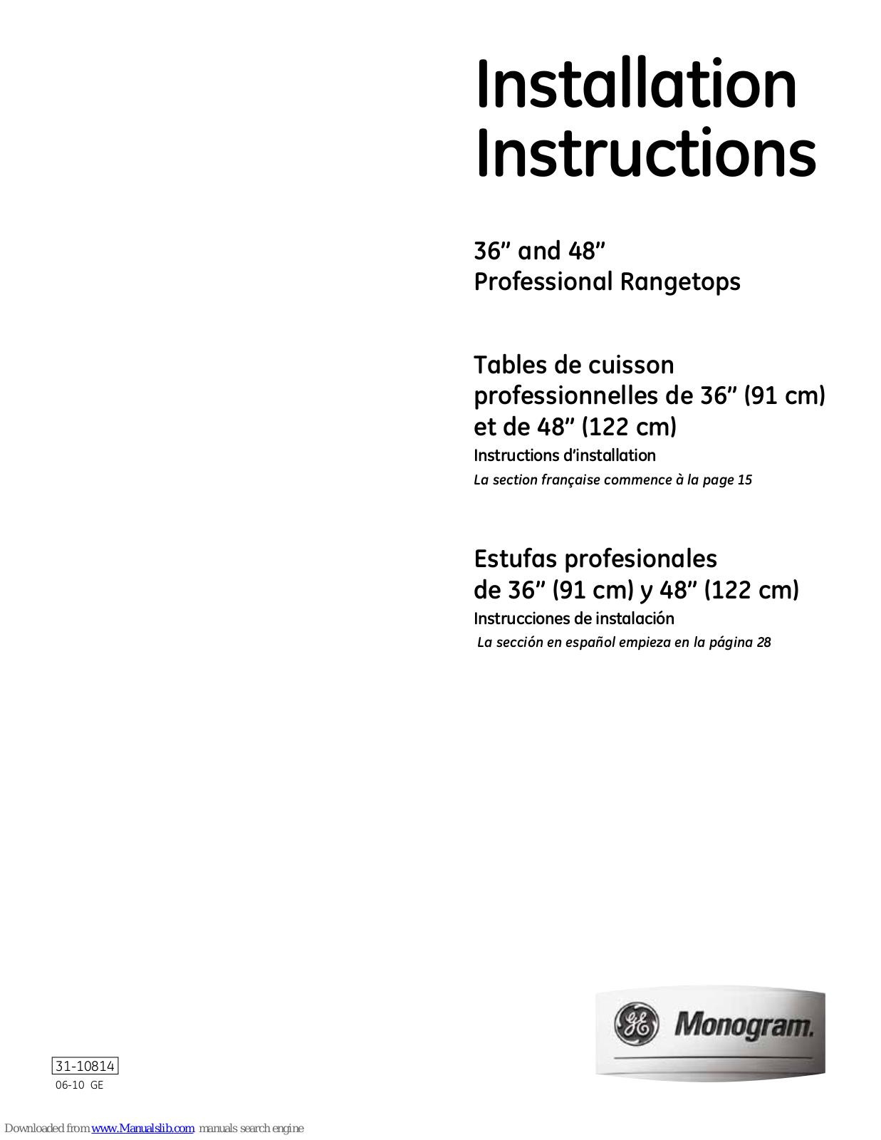 Monogram ZGU484NG, ZGU486NR, ZGU366N, ZGU486ND, ZGU364ND Installation Instruction