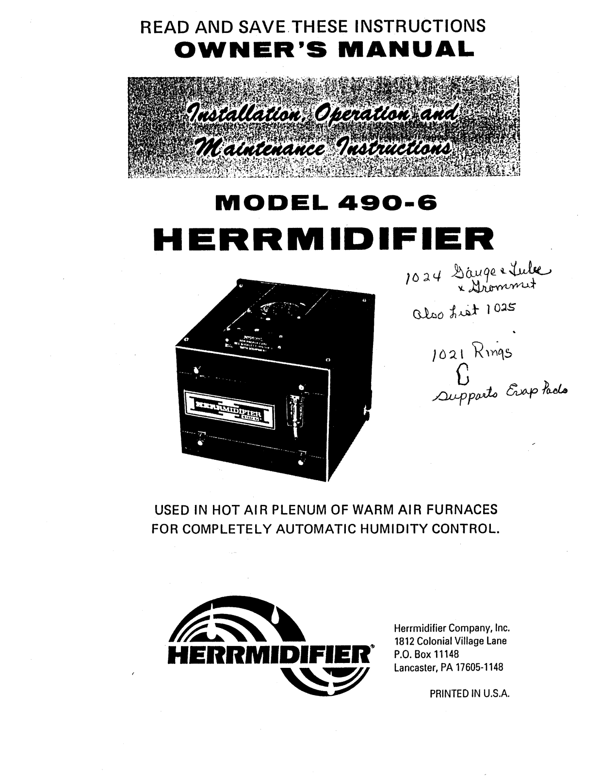 Herrmidifier 490-6 Owner's Manual