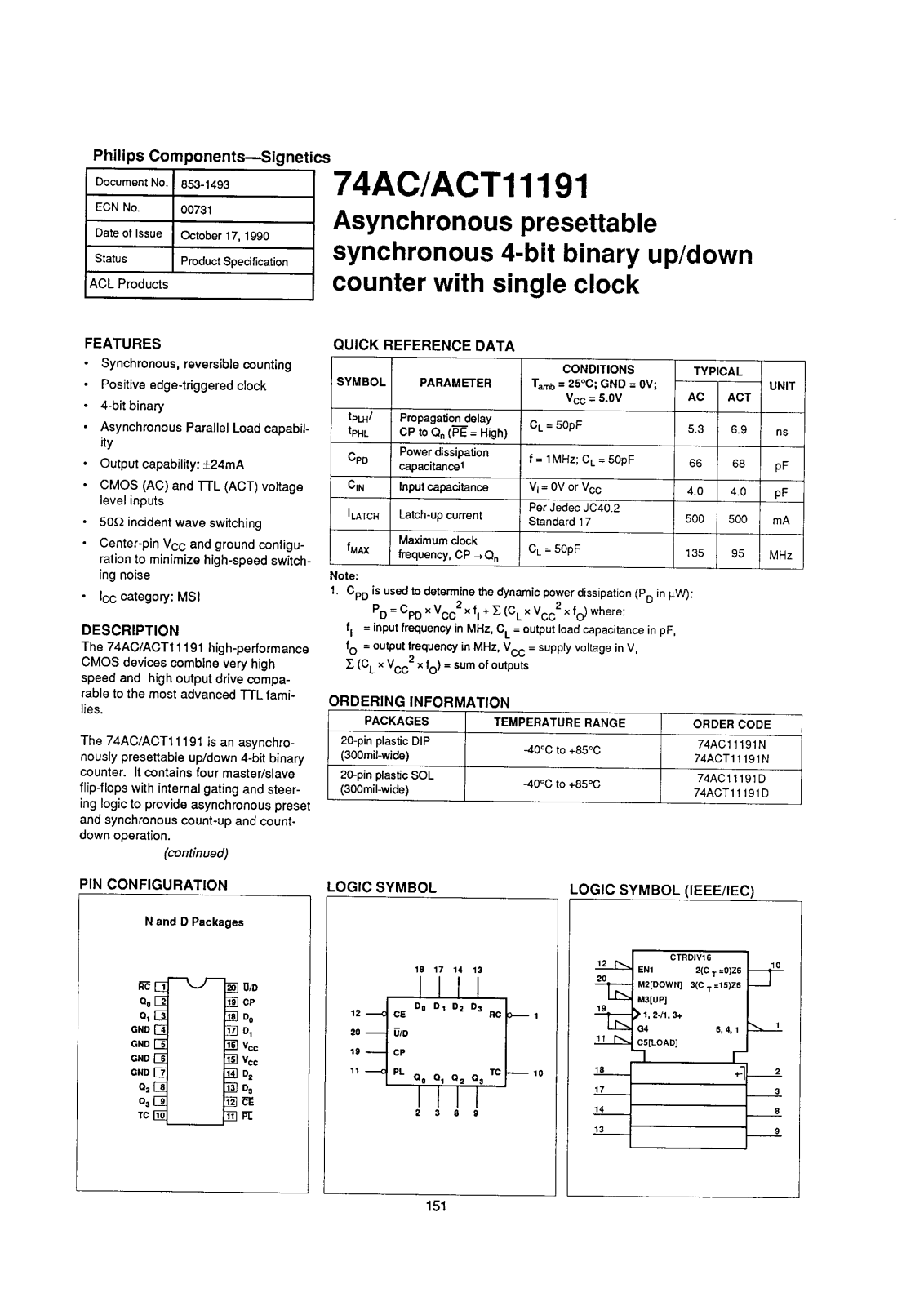 Philips 74ACT11191N, 74ACT11191D, 74AC11191N Datasheet