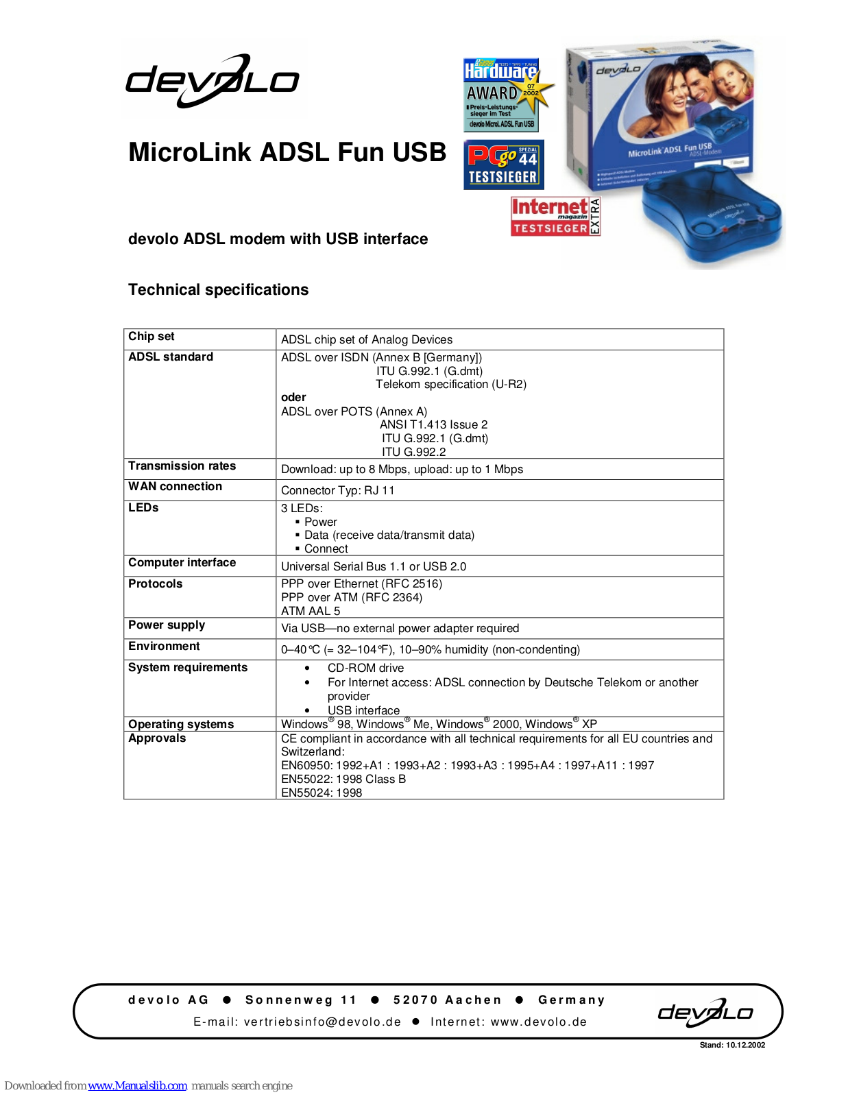 Devolo ADSL Fun USB Technical Specifications