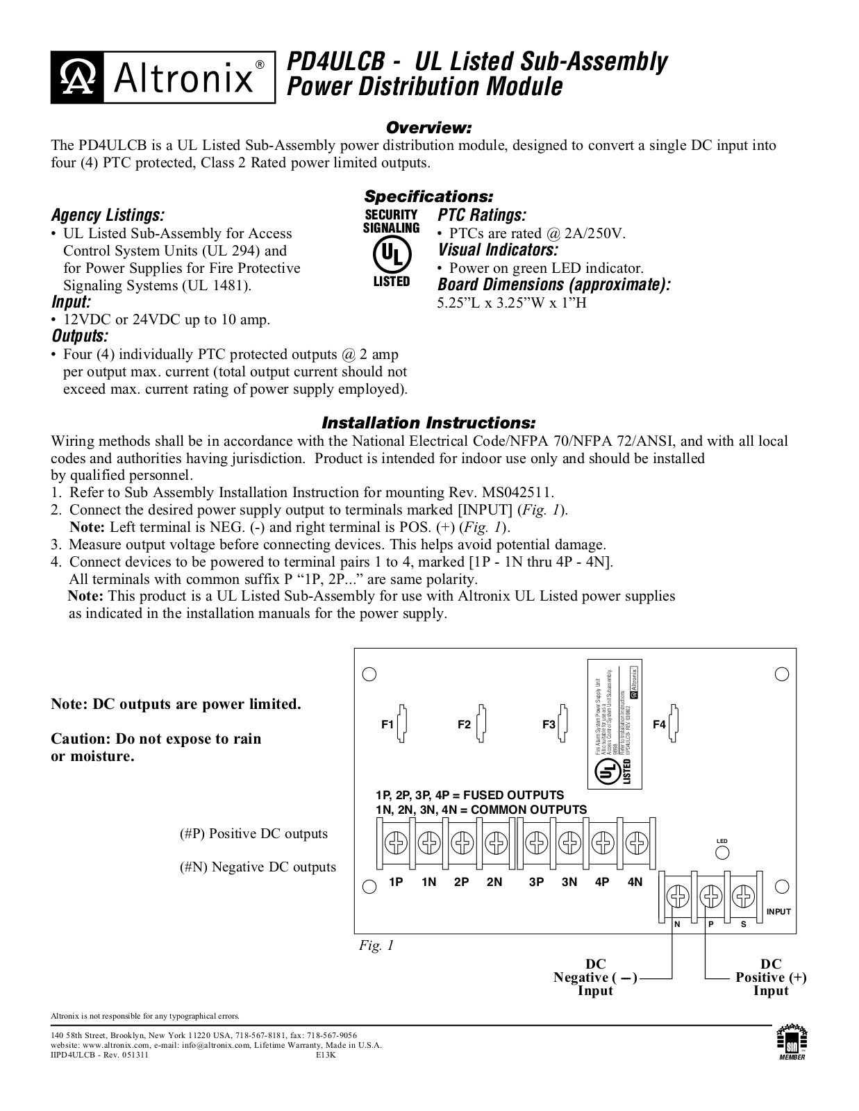 Altronix PD4ULCB Installation Instructions