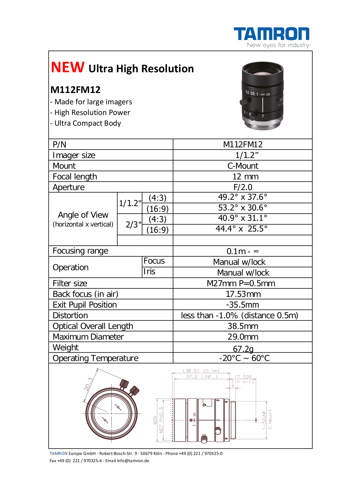 Tamron M112FM12 Specsheet