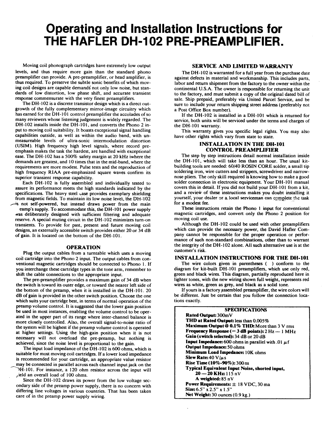 Hafler DH-102 Service Manual