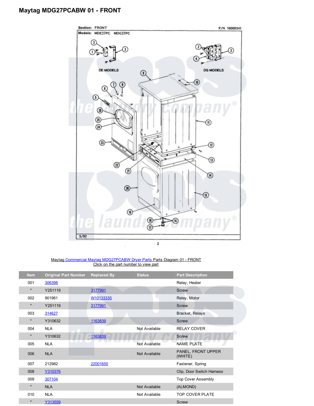 Maytag MDG27PCABW Parts Diagram