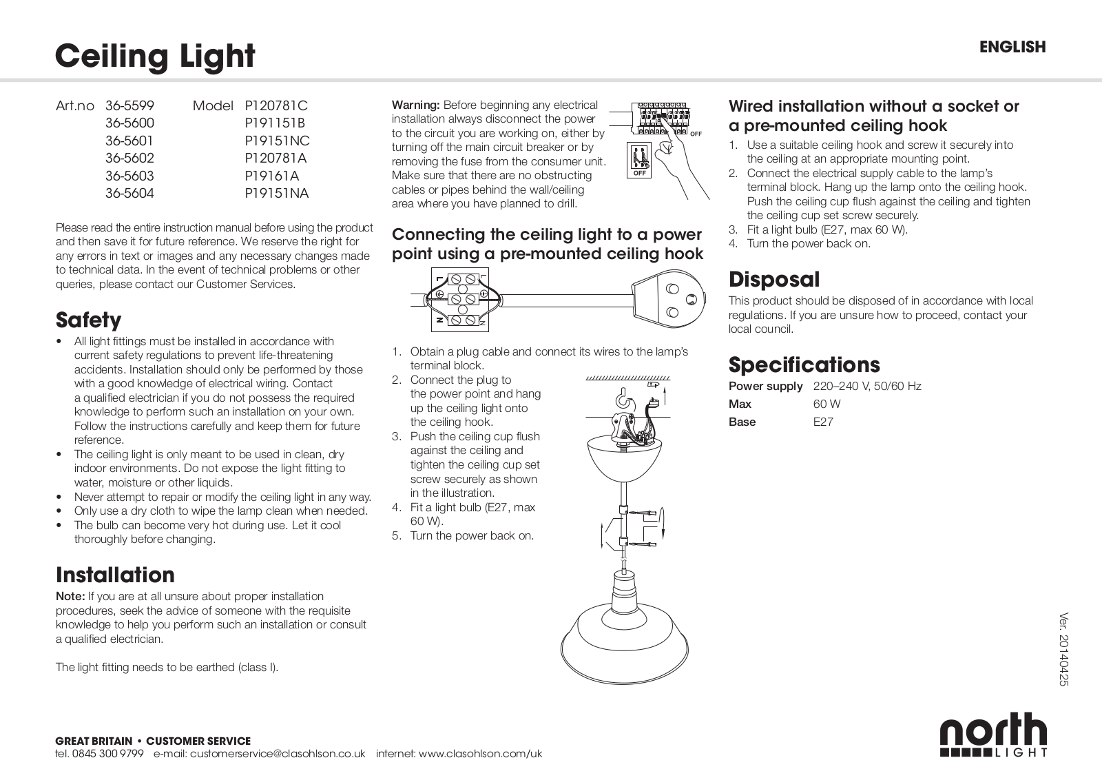 North Light 36-5600, 36-5601, 36-5602, 36-5603, 36-5599 User Manual