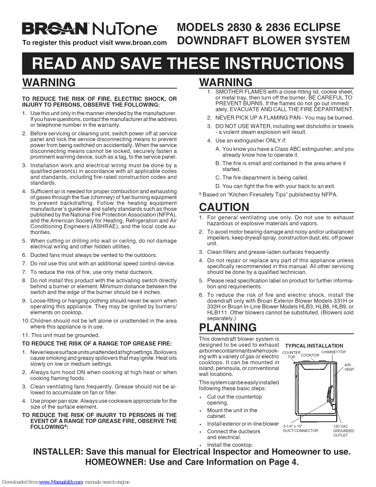 Broan Nutone 283003 eclipse, Nutone 283603 eclipse Instructions Manual - ManualMachine.com