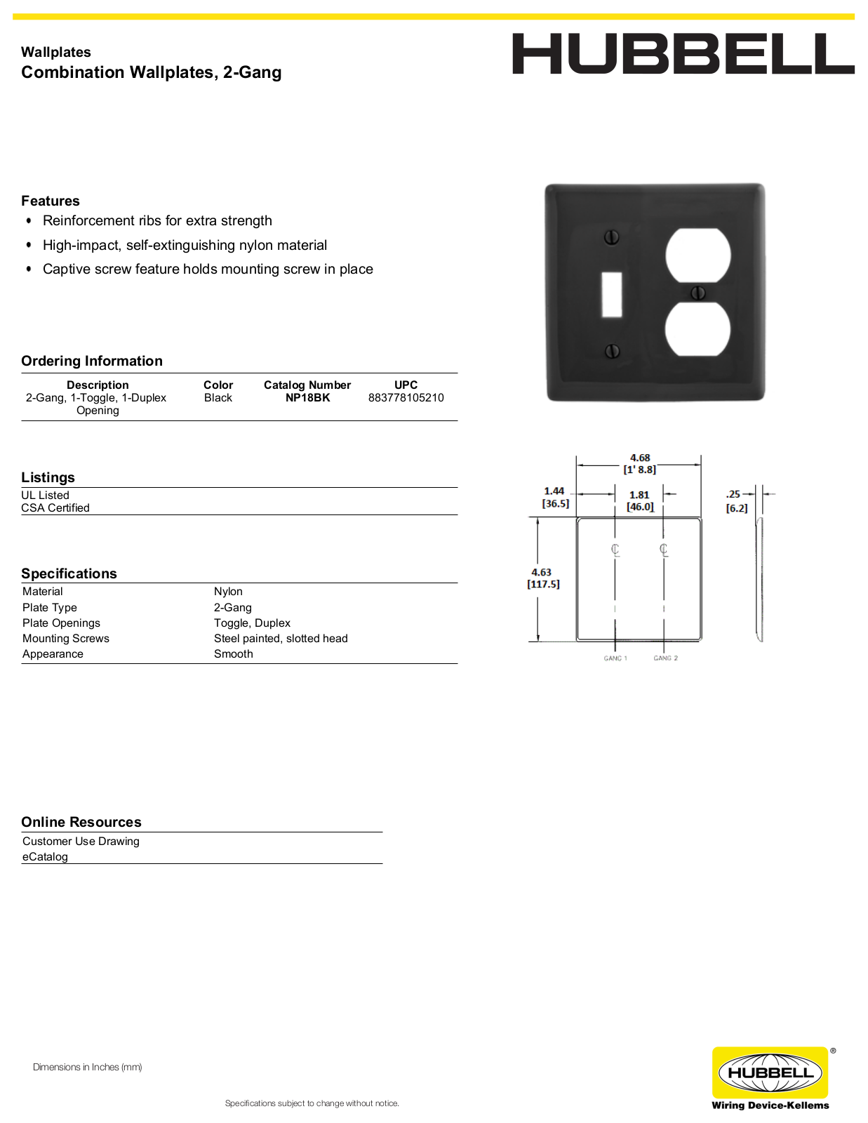 Hubbell NP18BK Specifications