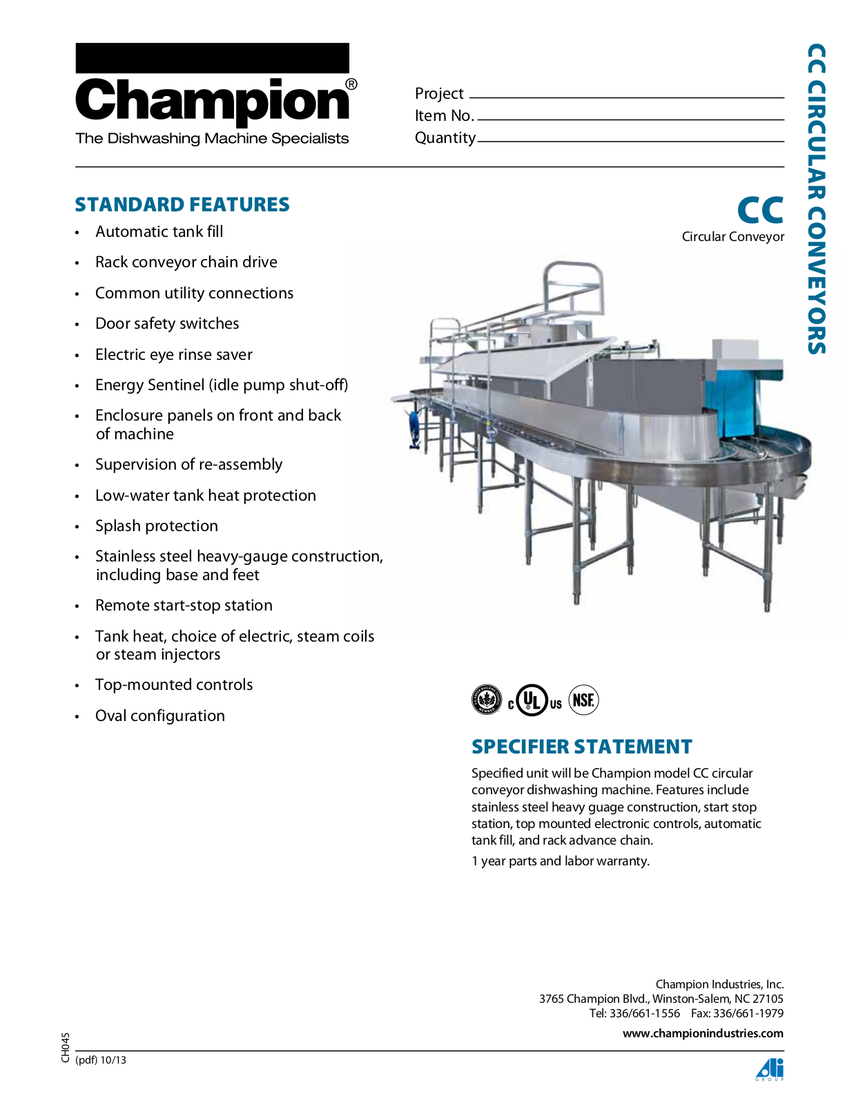 Champion Industries CC Specification Sheet