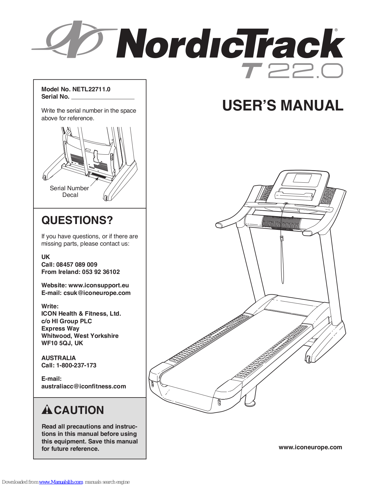 NordicTrack T22.0 Treadmill, NETL22711.0 User Manual