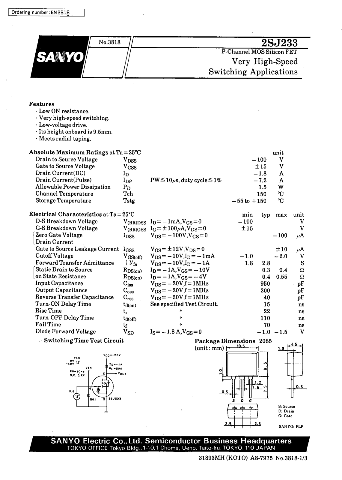 Datasheet 2SJ233 Datasheet (SANYO) - ManualMachine.com