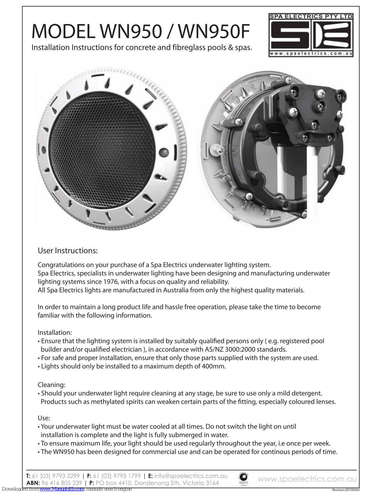 Spa Electrics WN950, WN950F Installation Instructions Manual