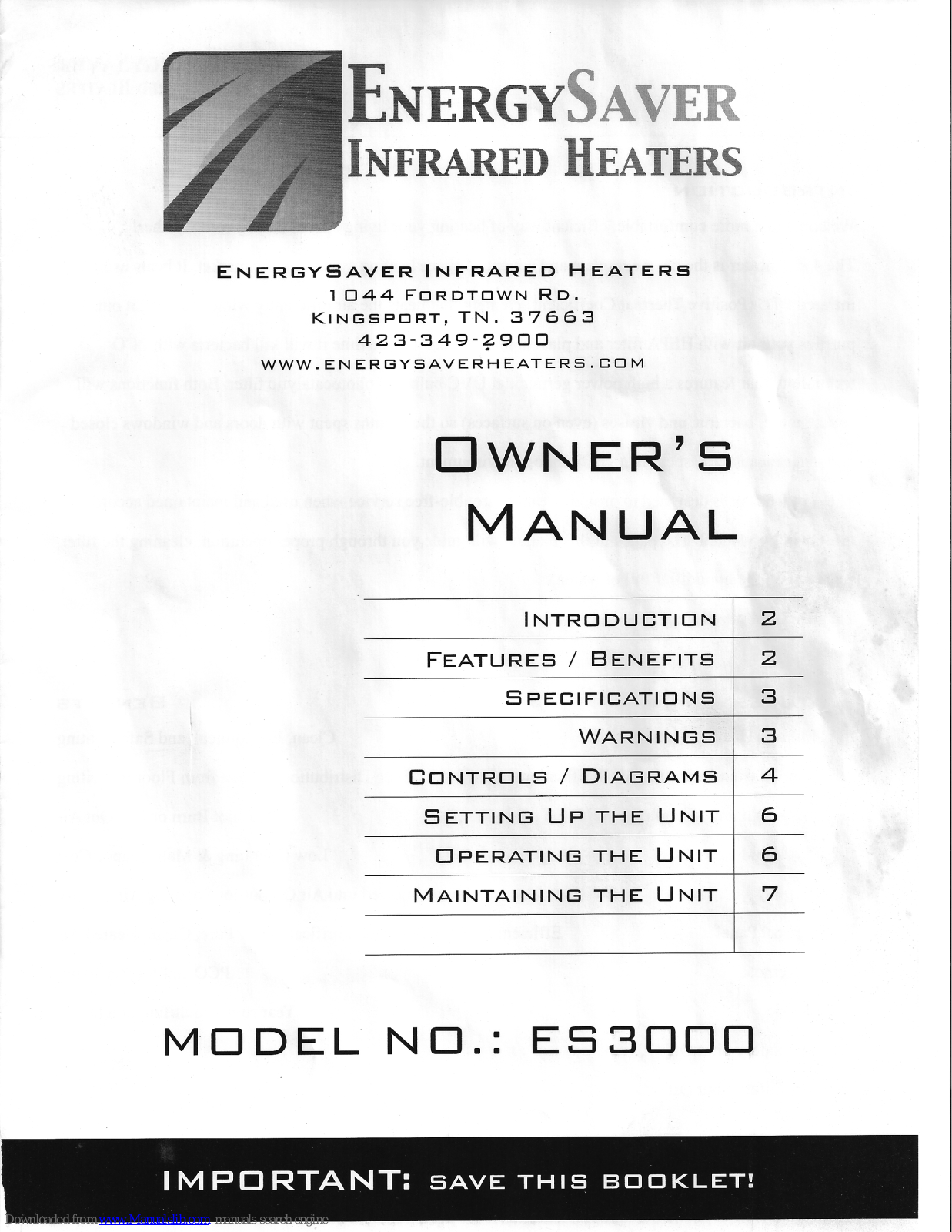 Energy Saver Heaters ES3000 Owner's Manual