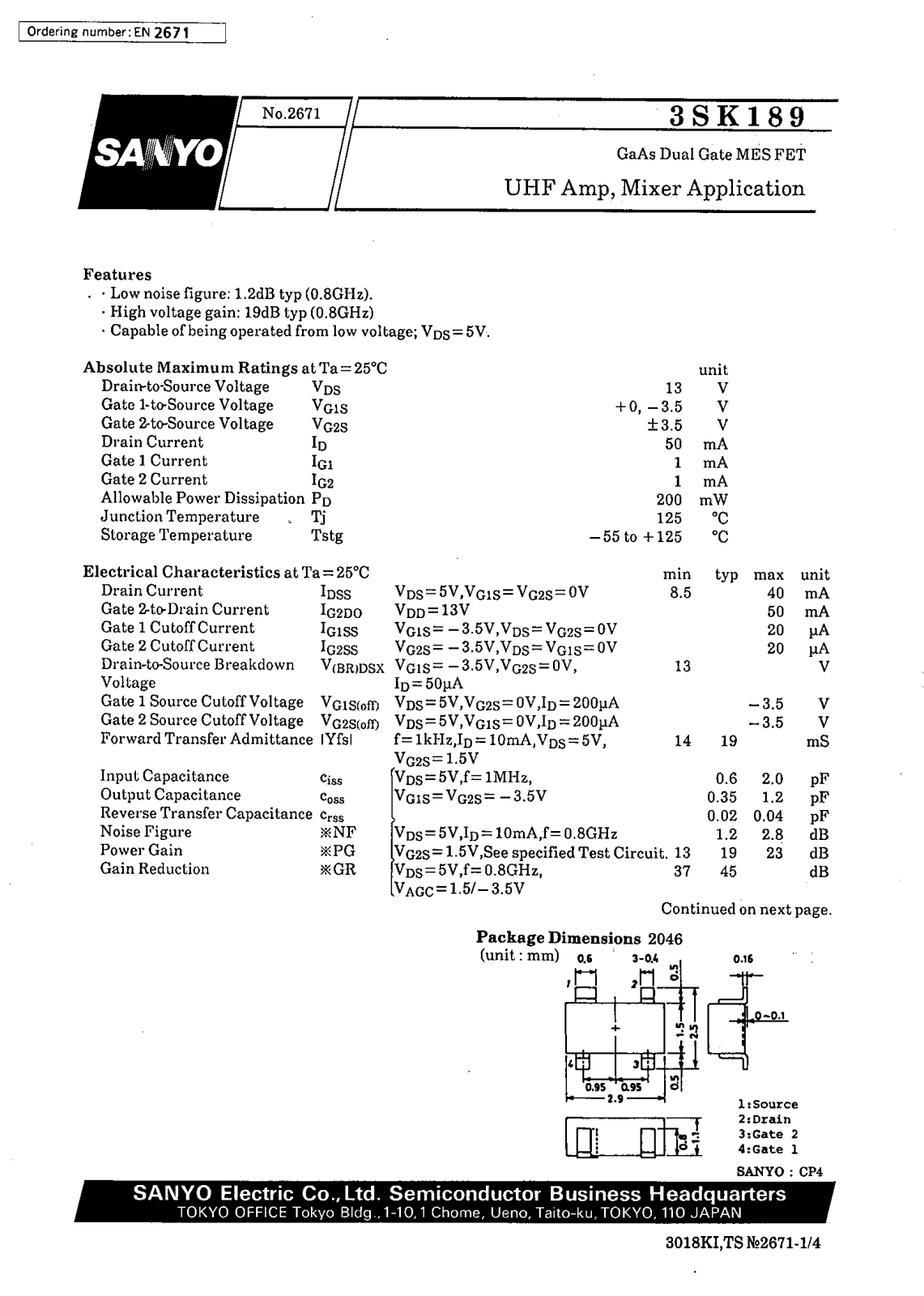 SANYO 3SK189 Datasheet