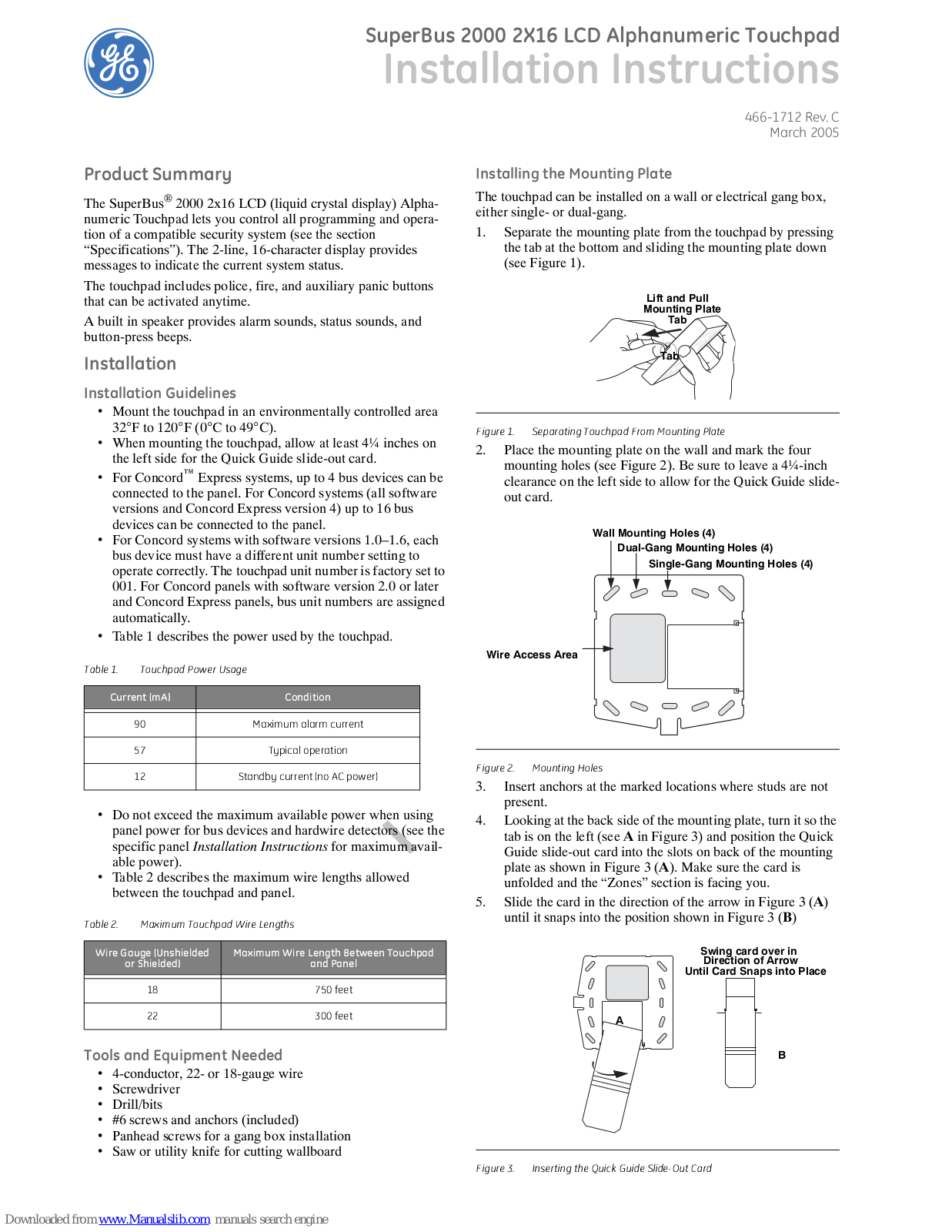 GE 17453- - Motion Sensing Utility Light 1 LED, 60-746-01 - Security Superbus 2000 LCD Alphanumeric Touchpad, Superbus 2000 466-1712 Installation Instructions Manual