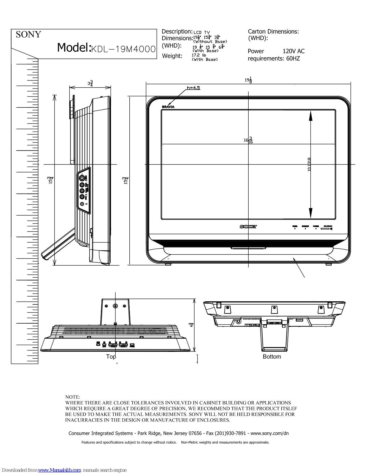 Sony KDL-19M4000/P, KDL-19M4000/B, KDL-19M4000/D, KDL-19M4000/S, KDL-19M4000 Product Dimensions