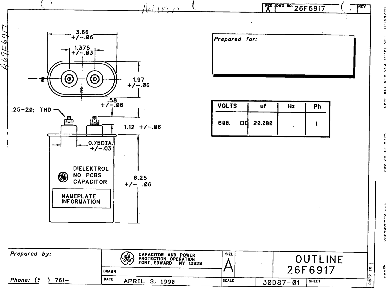 GE Capacitor A26F6917 Dimensional Sheet