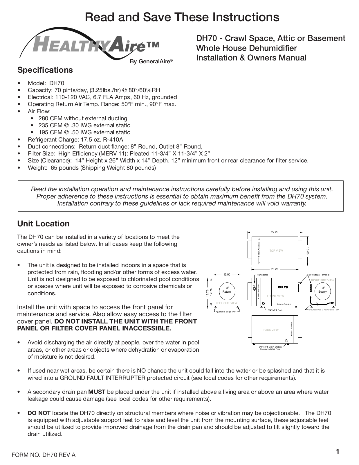 GeneralAire DH70 User Manual