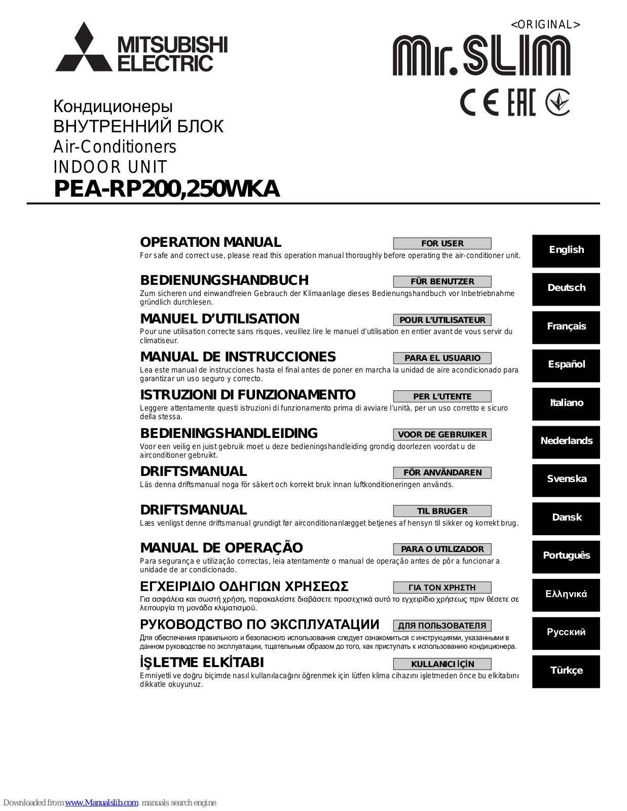 Mitsubishi Electric PEA-RP250WKA, PEA-RP200WKA Operation Manuals