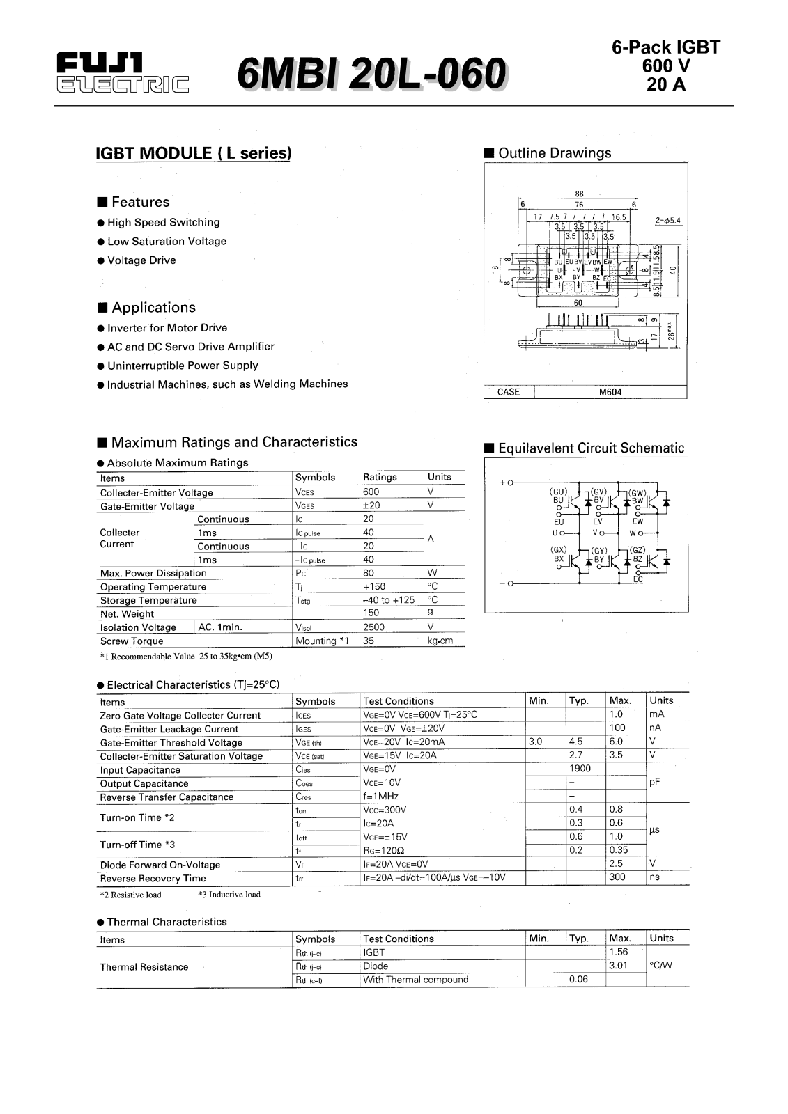 Fuji Electric 6MBI20L-060 Data Sheet