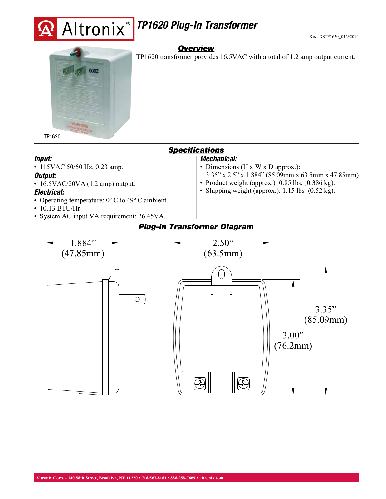 Altronix TP1620 Specsheet