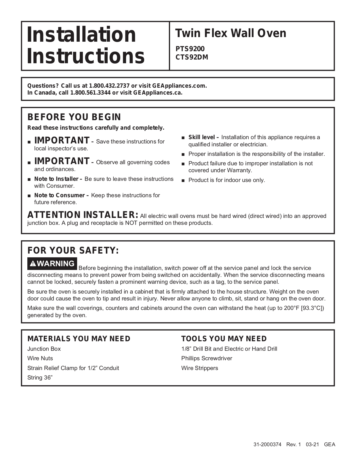 GE PTS9200, CTS92DM Installation Instructions