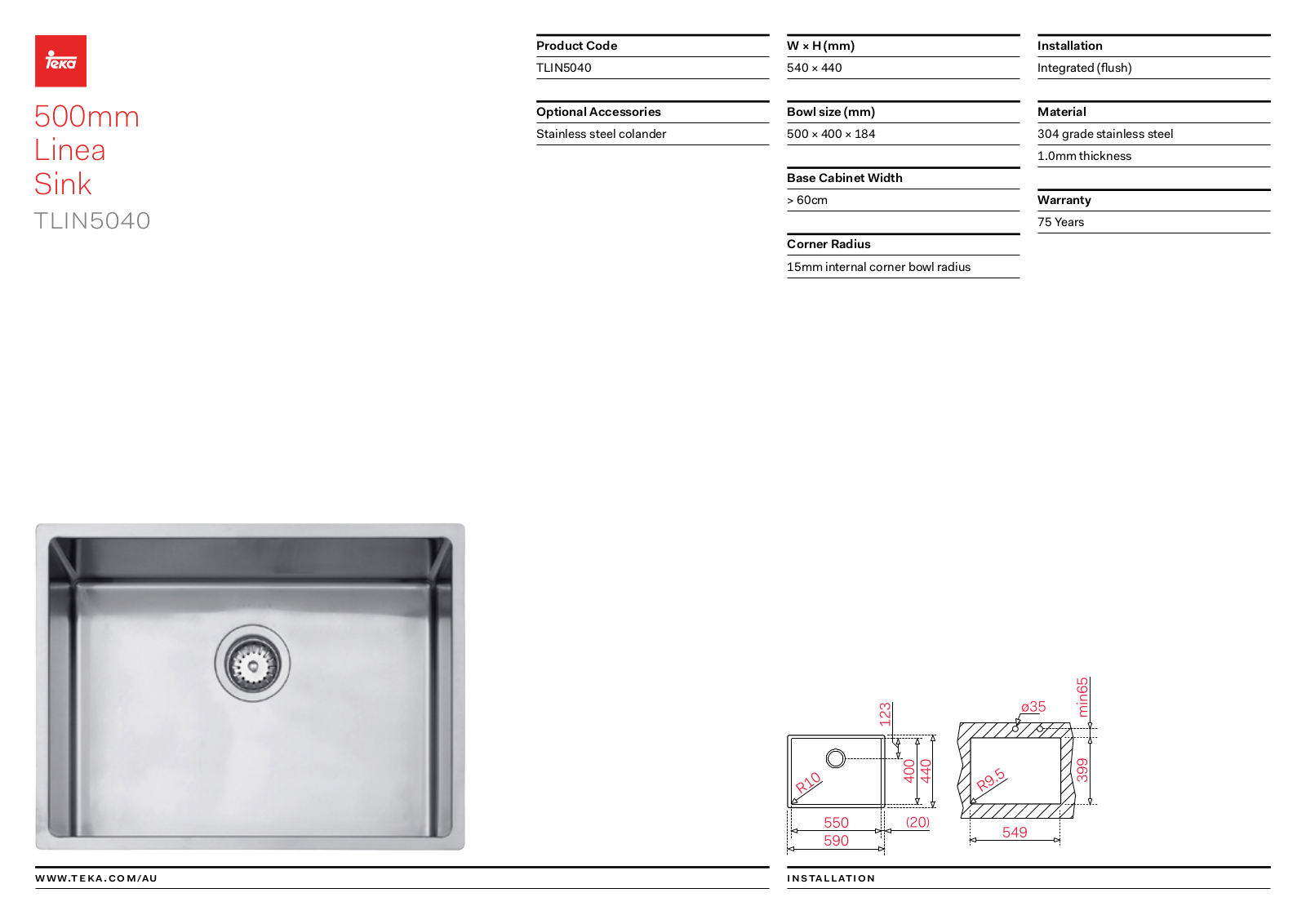 Teka TLIN5040 Specifications Sheet