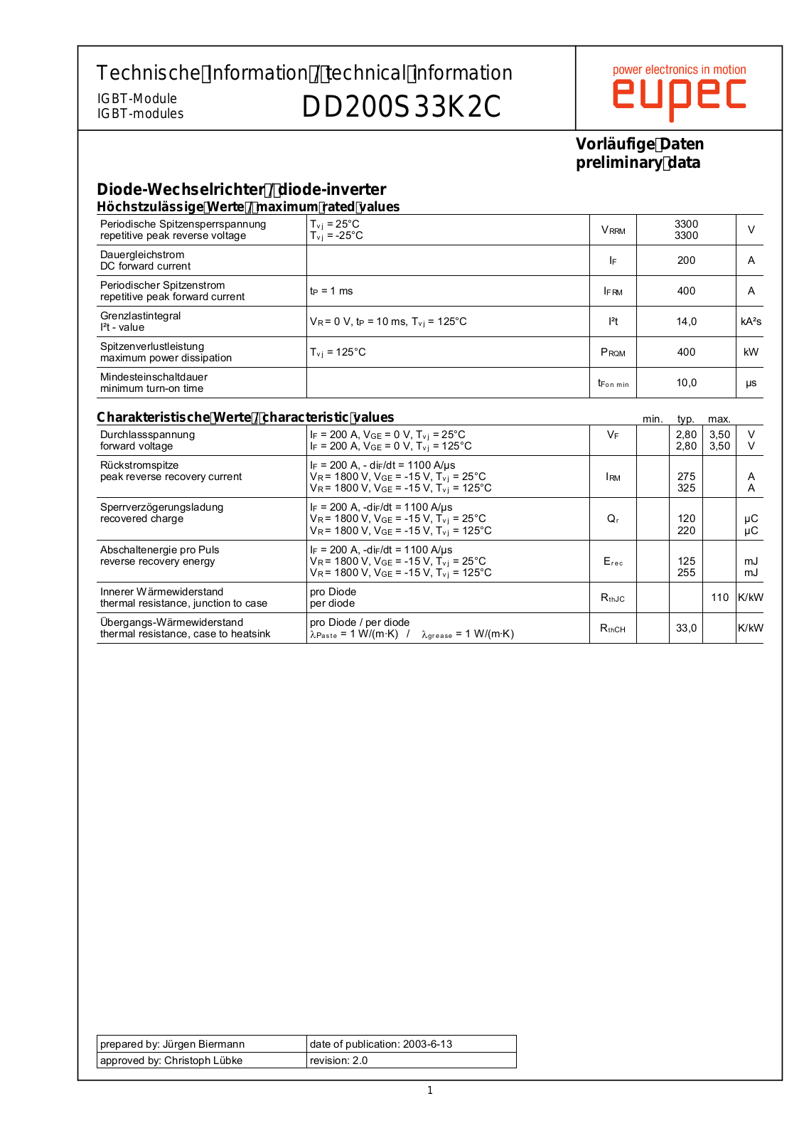 Infineon DD200S33K2C Data Sheet