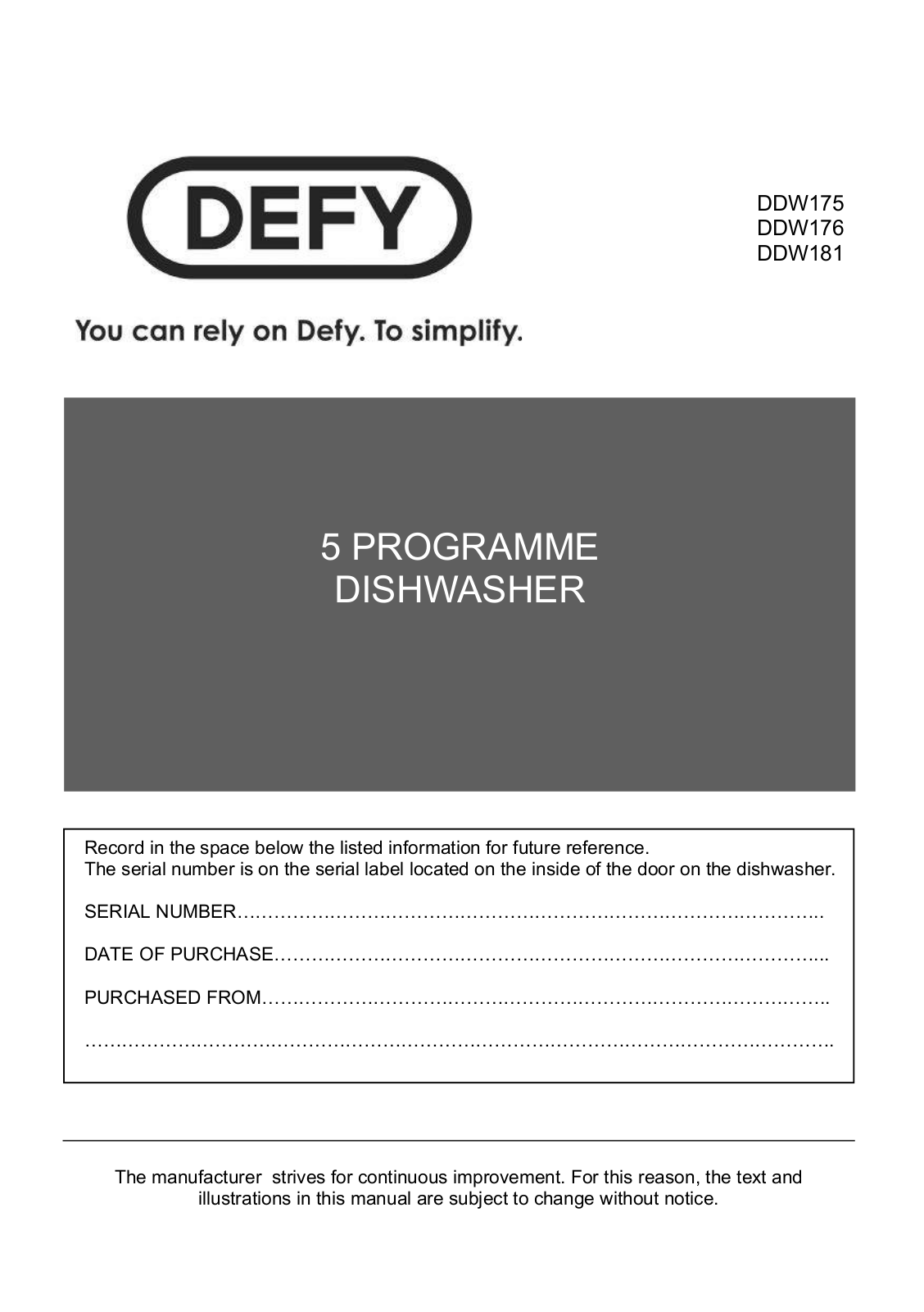 Defy DDW 175 User Manual