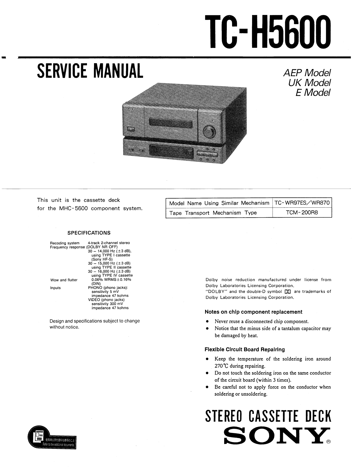 Sony TCH-5600 Service manual