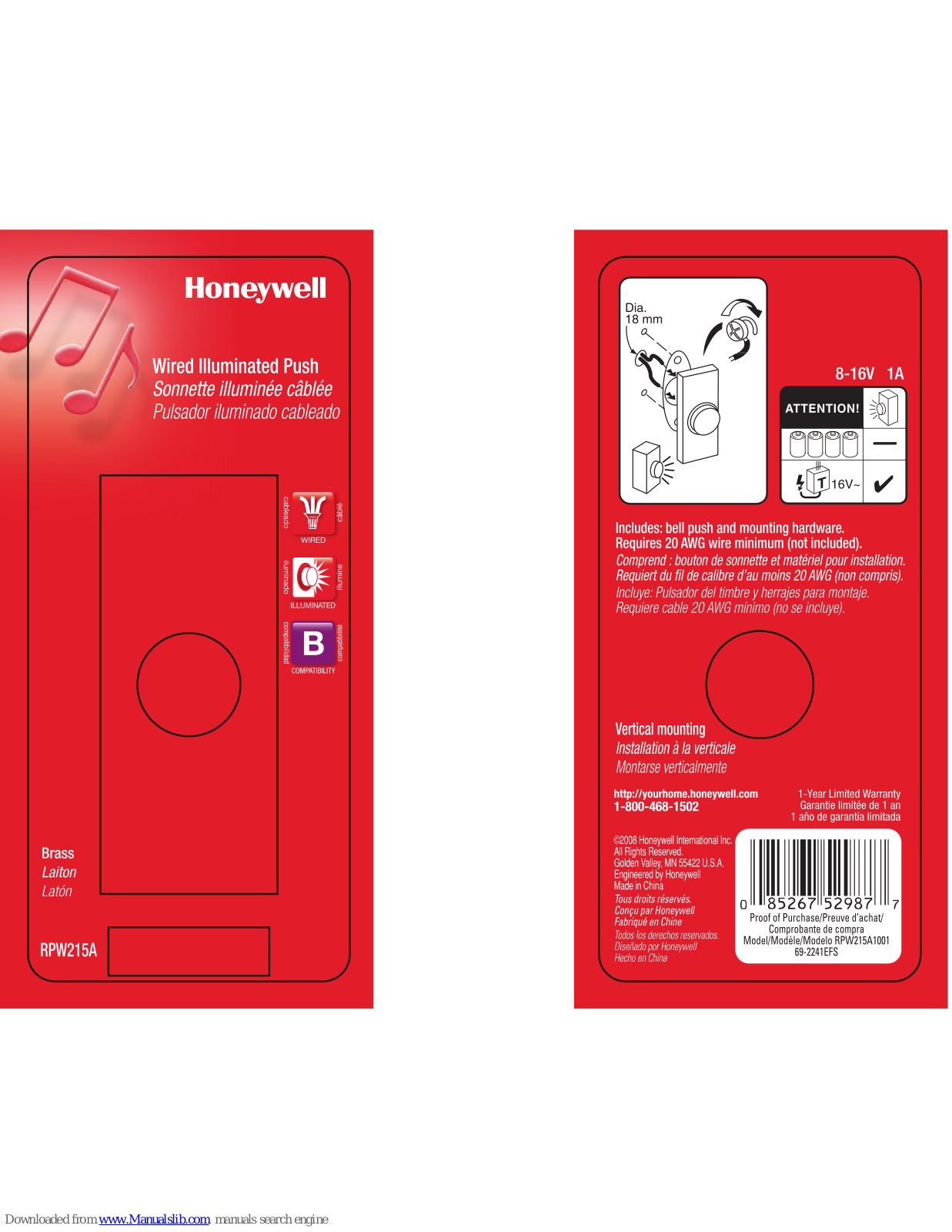 Honeywell RPW215A Mounting Instruction