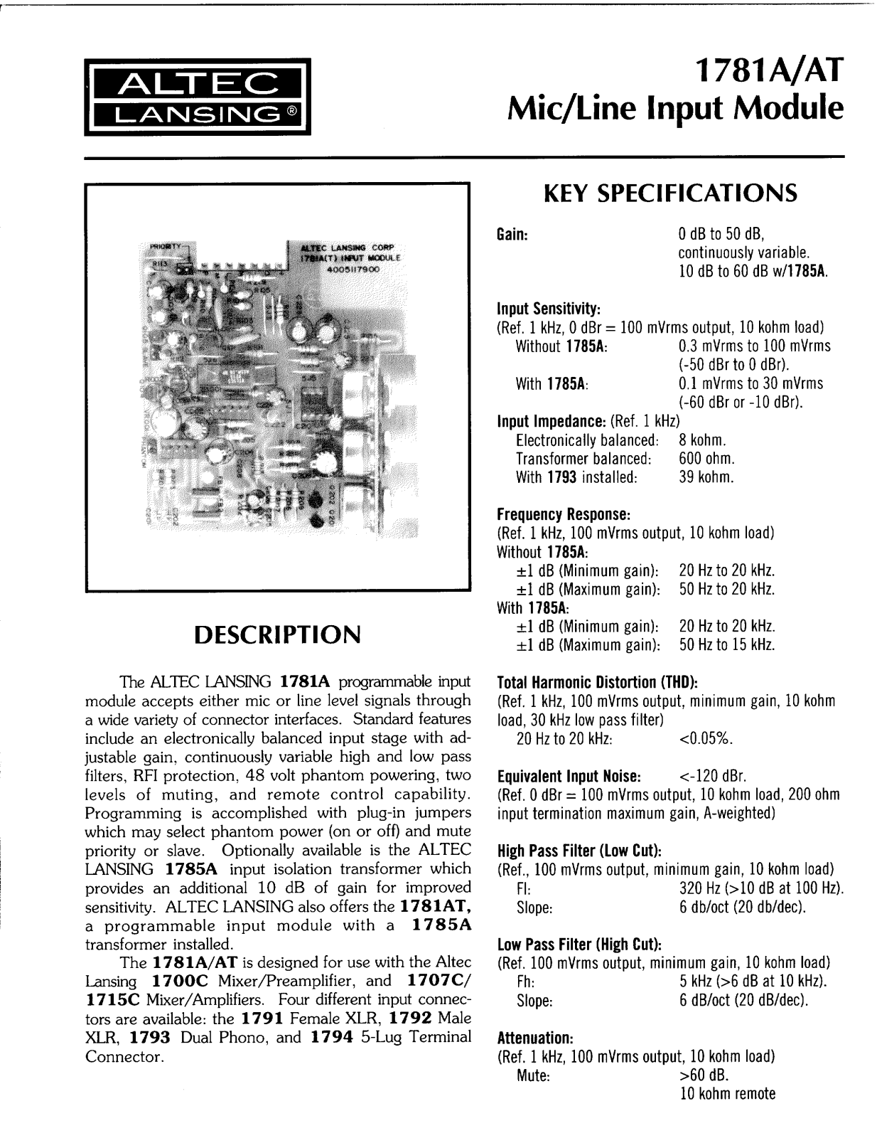 Altec lansing 1781A, 1781AT User Manual