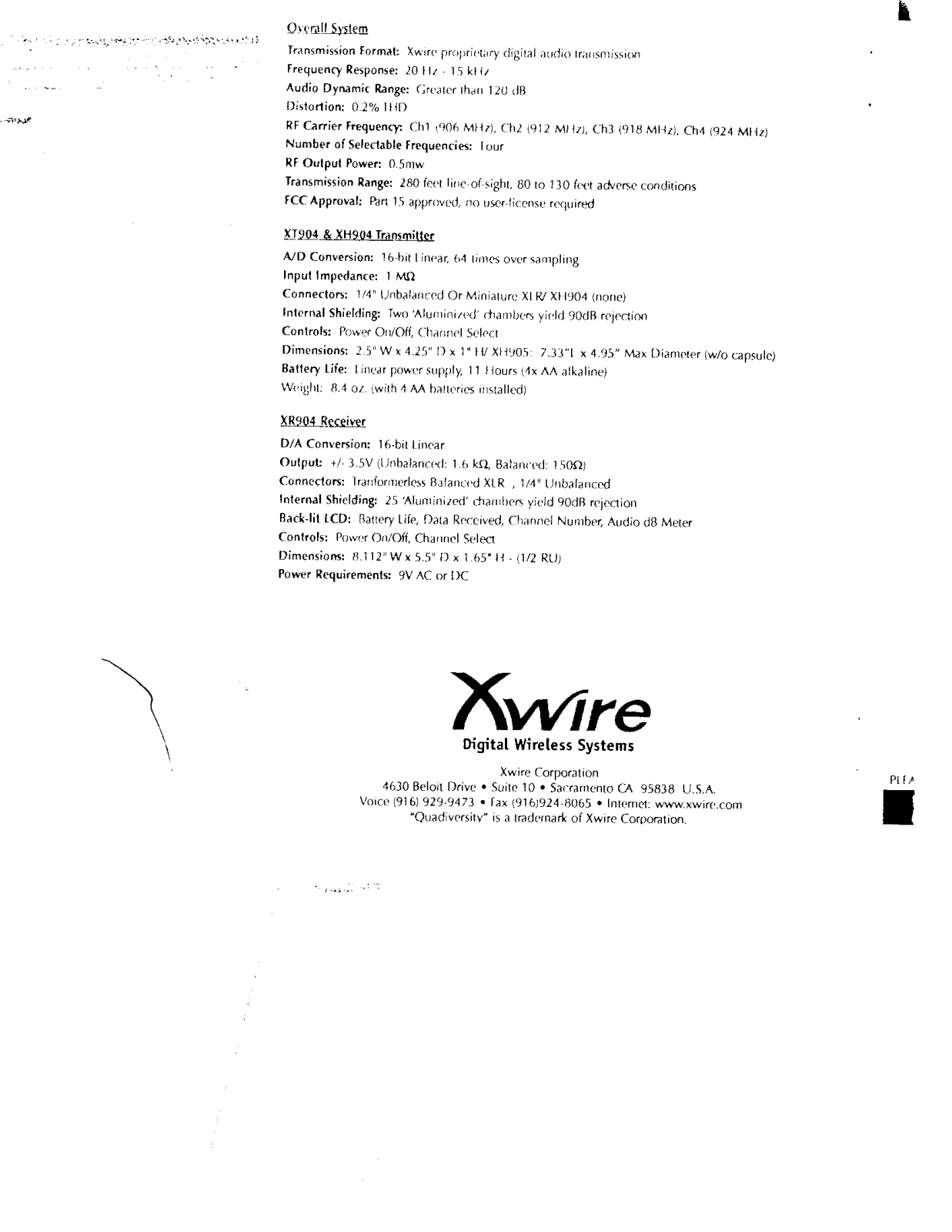 Xwire 91699TX904 Users Manual