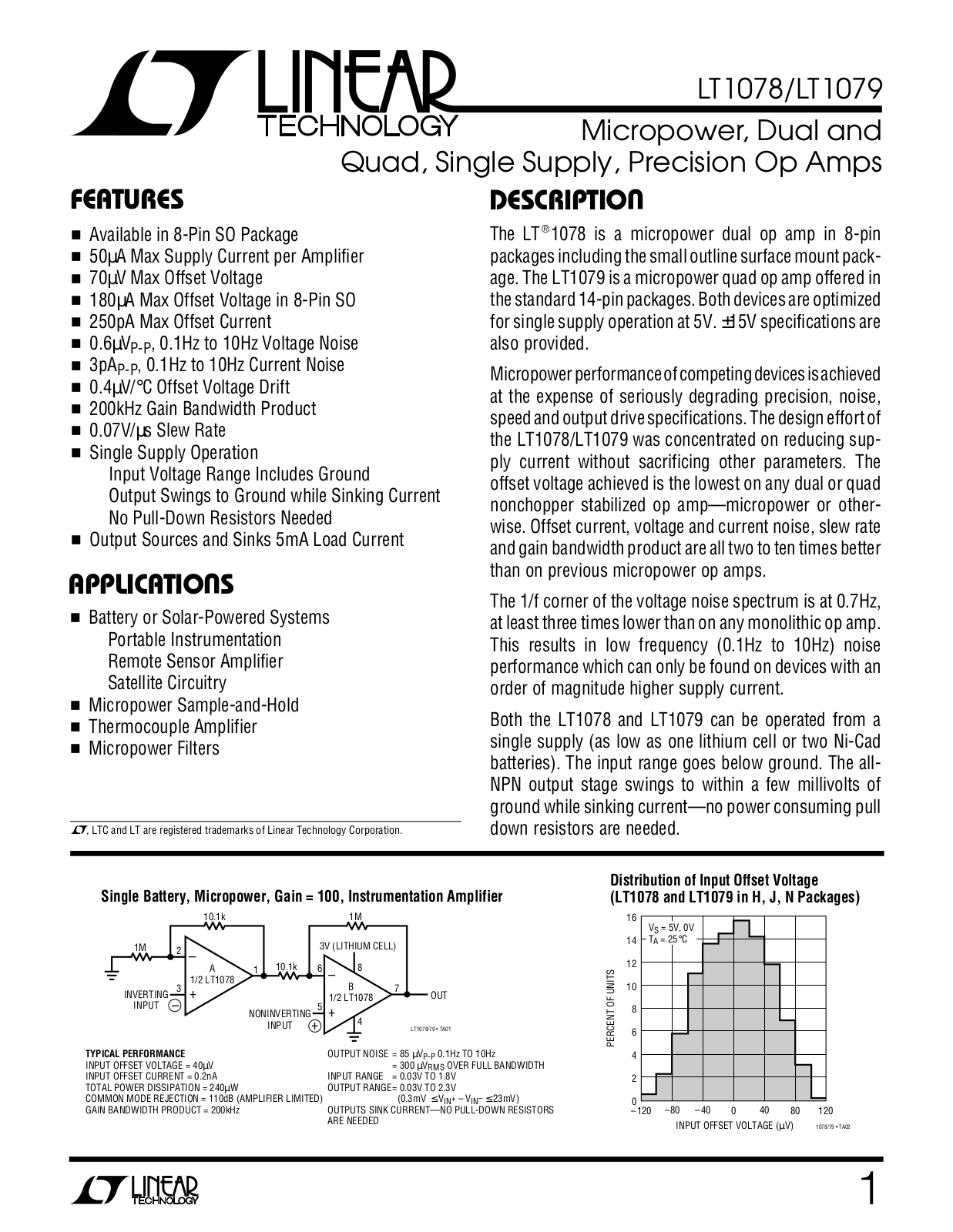 Linear Technology LT1079IN, LT1079CN, LT1079ACN, LT1079, LT1078MJ8 Datasheet