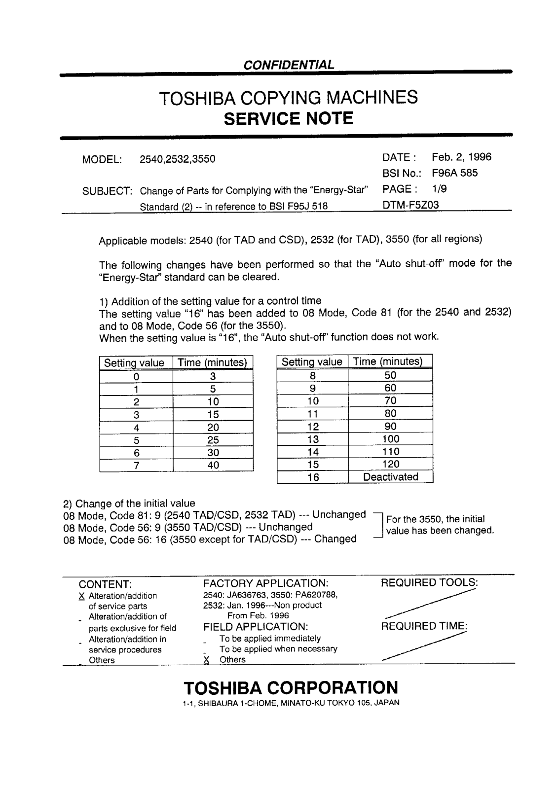 Toshiba f96a585 Service Note