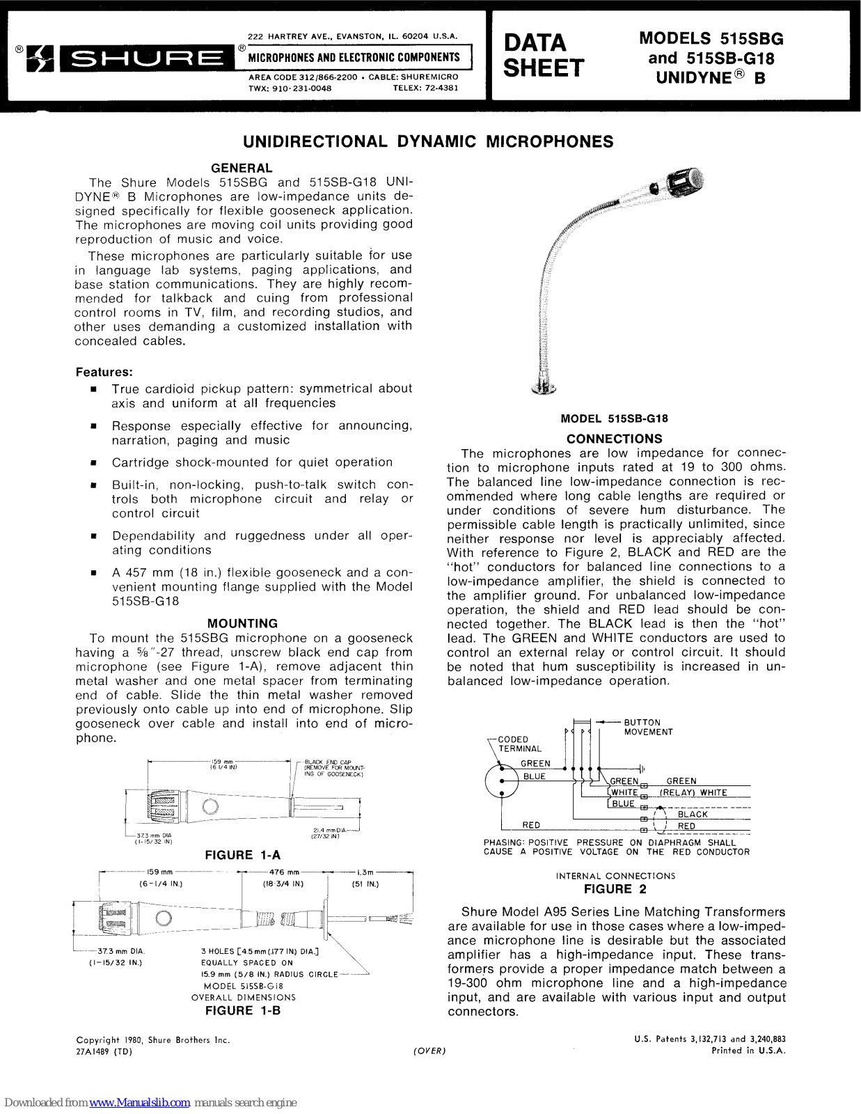 Shure UNI- DYNE B 15SB-GI8, 515SB-GI8, UNIDYNE B 15SB-G18, UNIDYNE B 515SBG Datasheet - ManualMachine.com