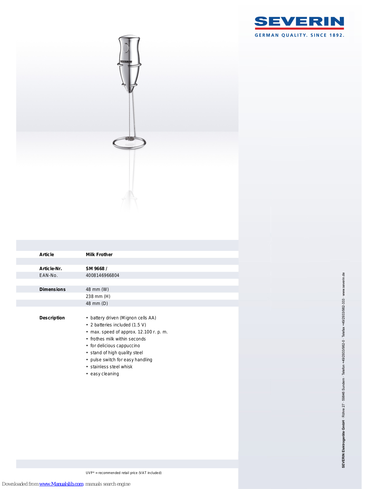 SEVERIN MILK FROTHER - DATASHEET 2, SM 9668 Dimensions