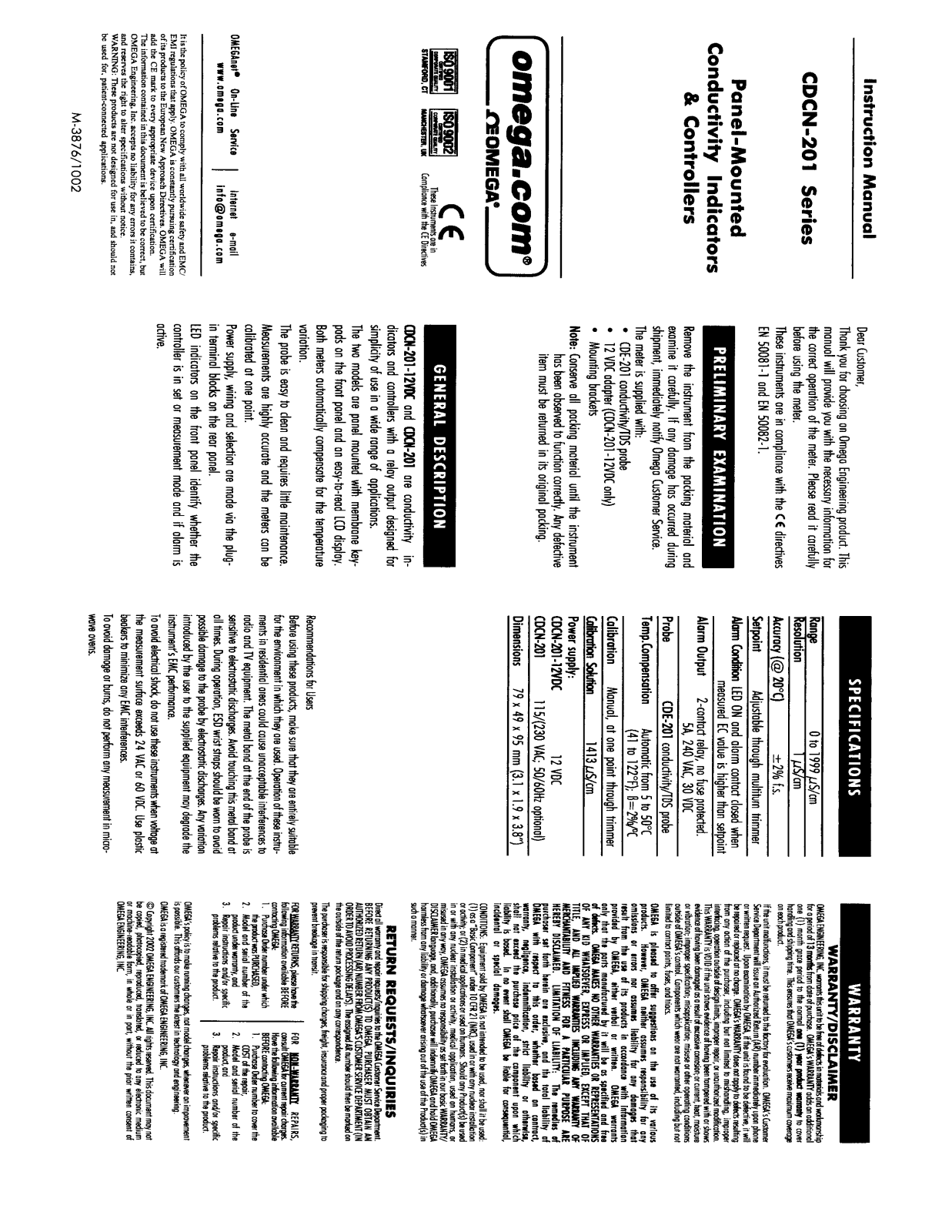 Omega Products CDCN-201-12VDC Installation  Manual