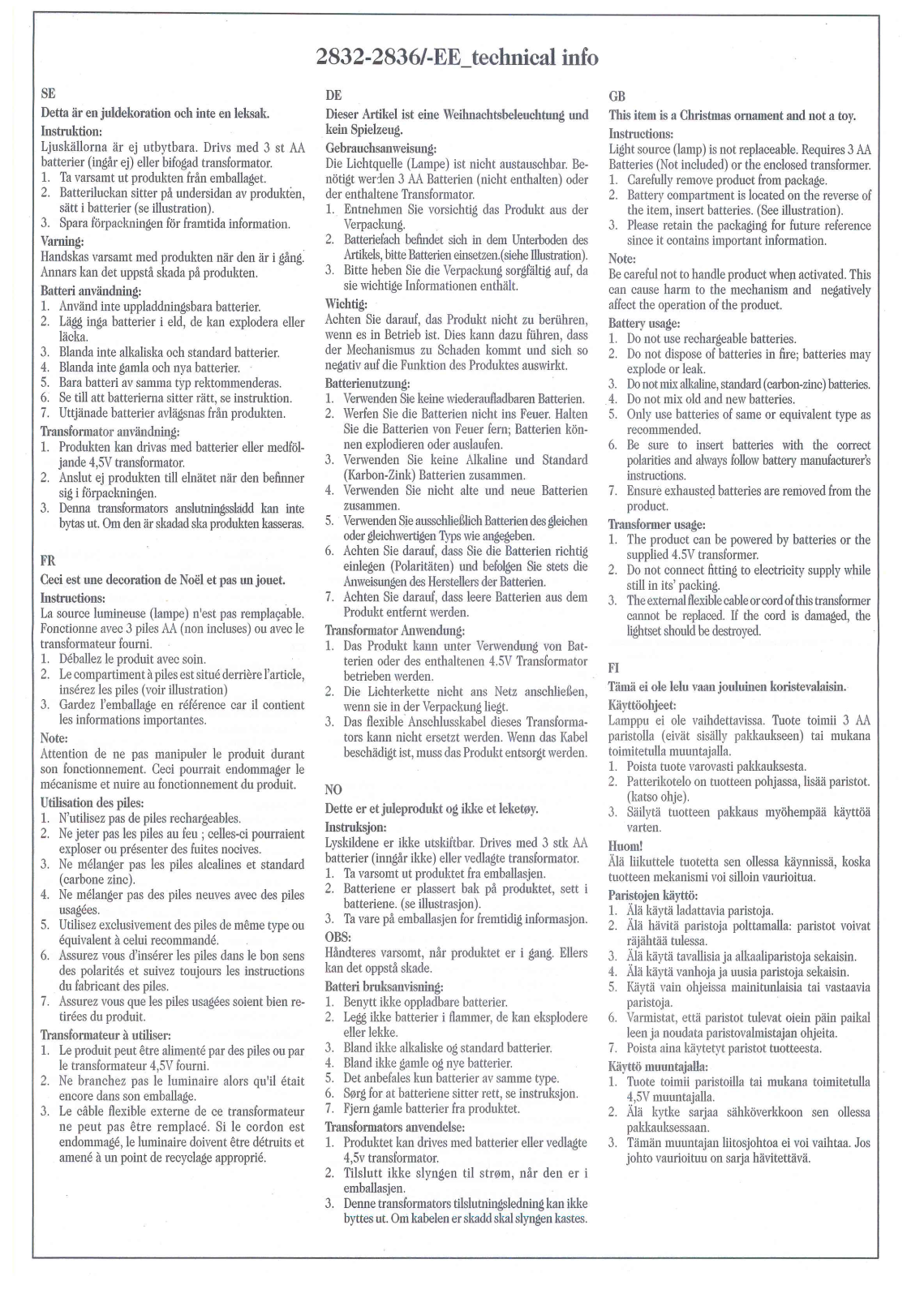 Konstsmide 2832-EE, 2833-EE, 2834-EE, 2835-EE, 2836-EE Technical information