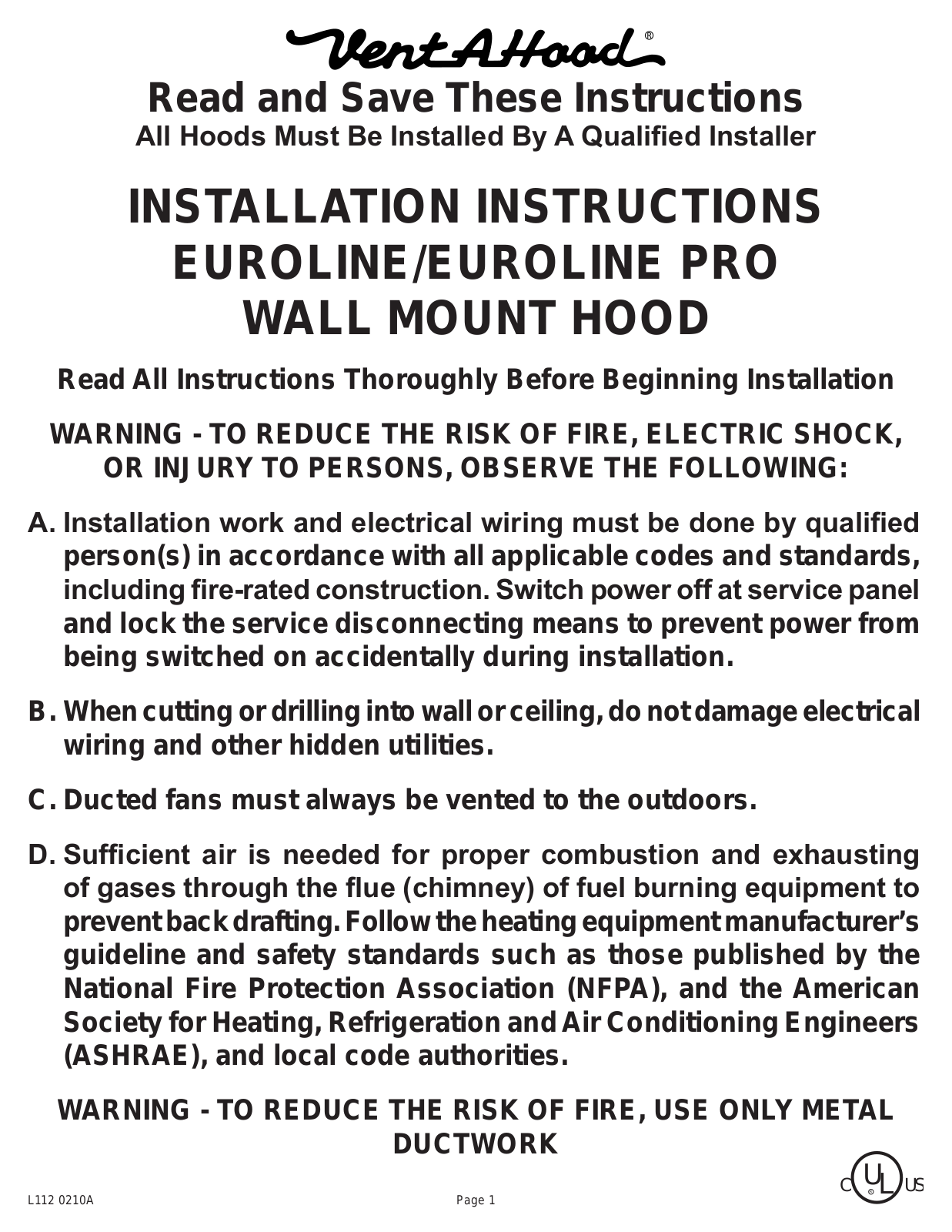 Vent-a-hood EPTH18348SS Installation