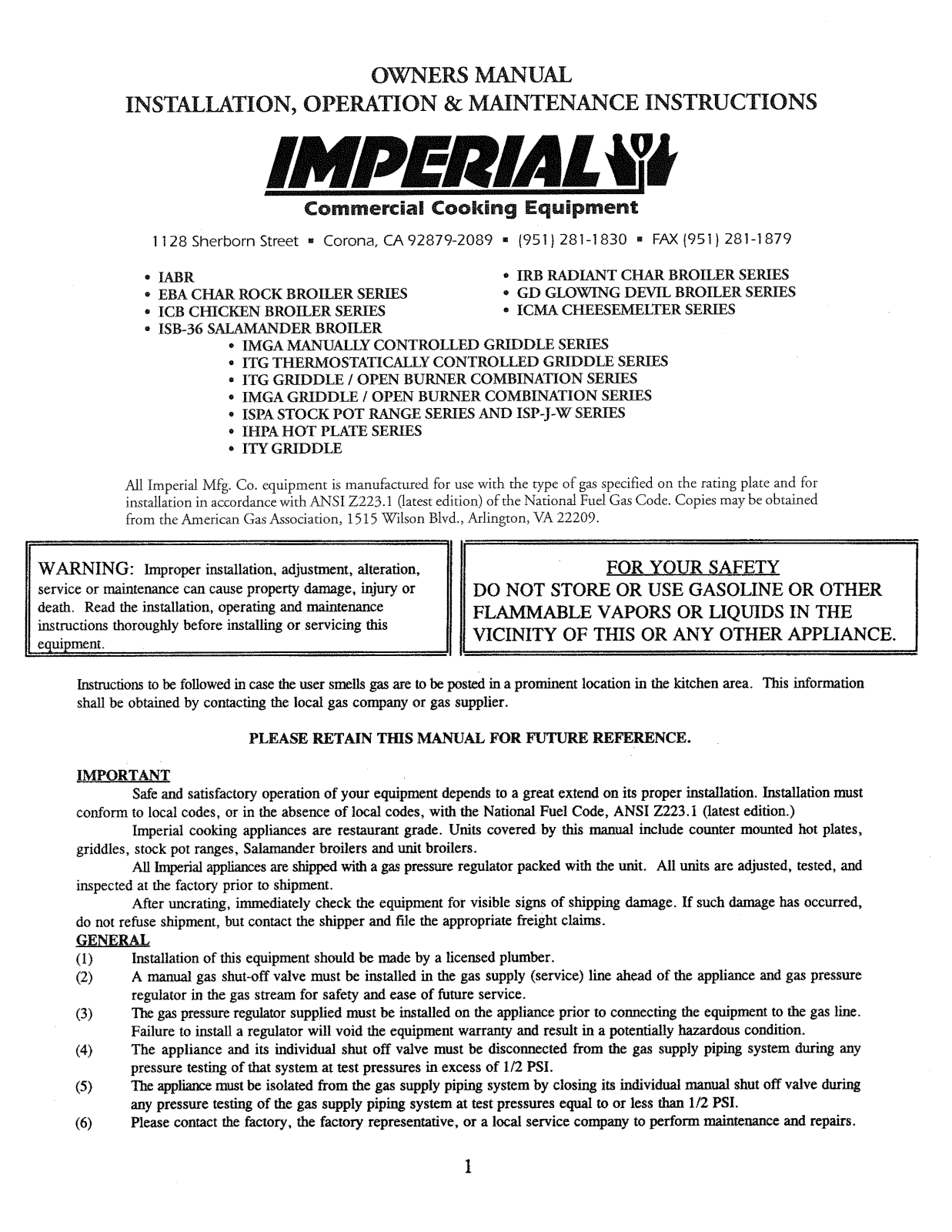 Imperial Commercial Cooking EBA-2223 Installation  Manual