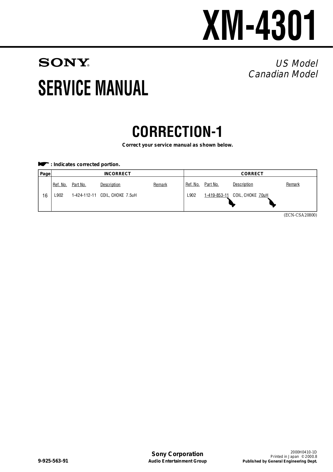 Sony XM-4301 Service Manual