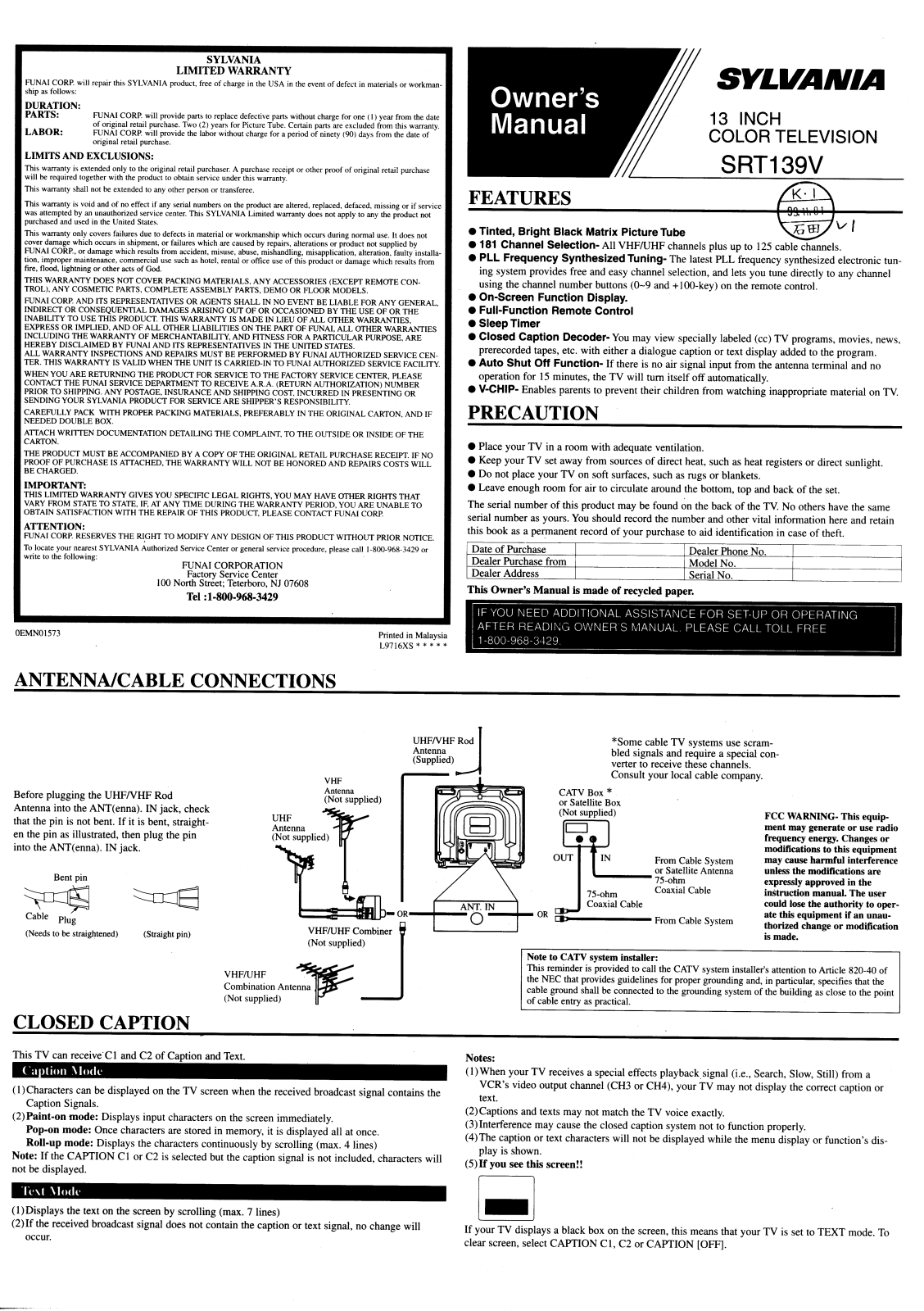 FUNAI SRT139V, SRT139V User Manual