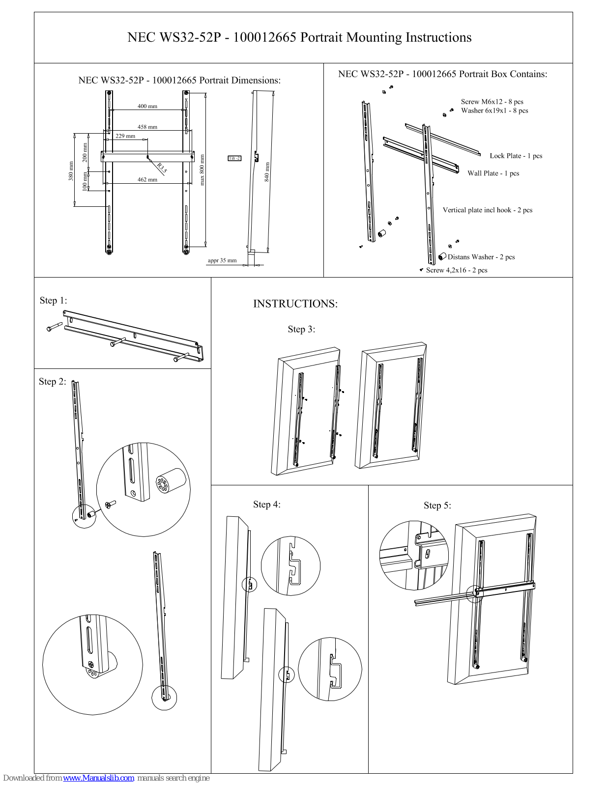 NEC Wall Mount PDW S 32-55 P (WMS 32-55 P, WMS32-52P, 100012665 User Manual